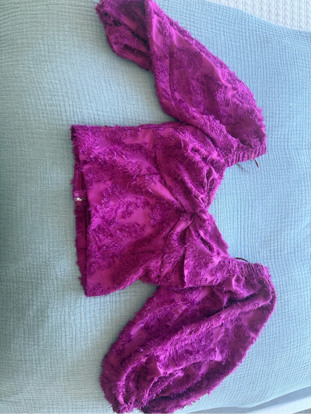 Anthropologie Magenta Textured Lace Cropped Puff-Sleeve Top